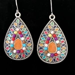 Muti-Colored Stylish Teardrop Shaped Earrings-Silver Tone-Enamel + Beads + Stone